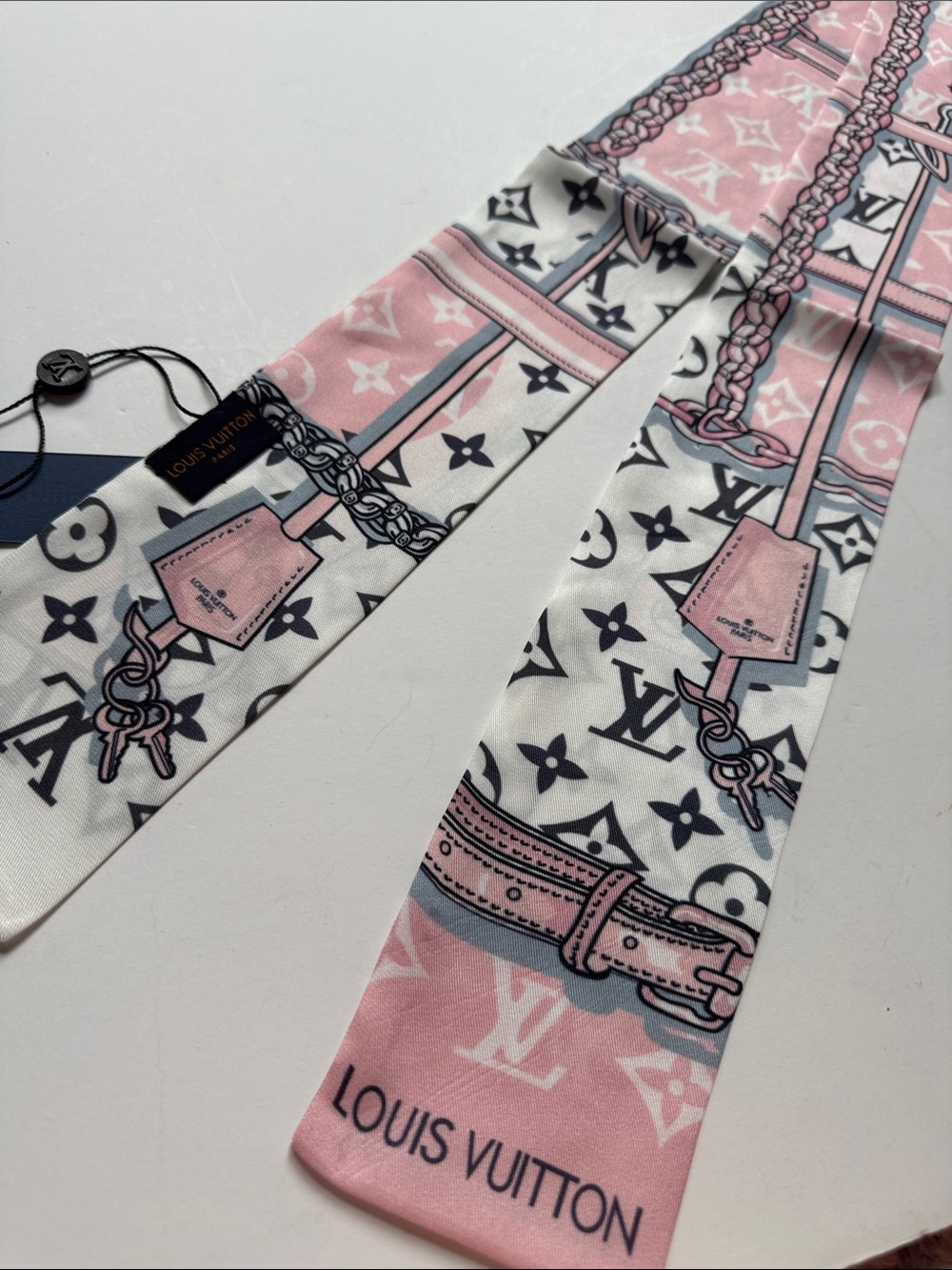 Fashion Accessories Pink, White & Gray Monogram Twilly Scarf
